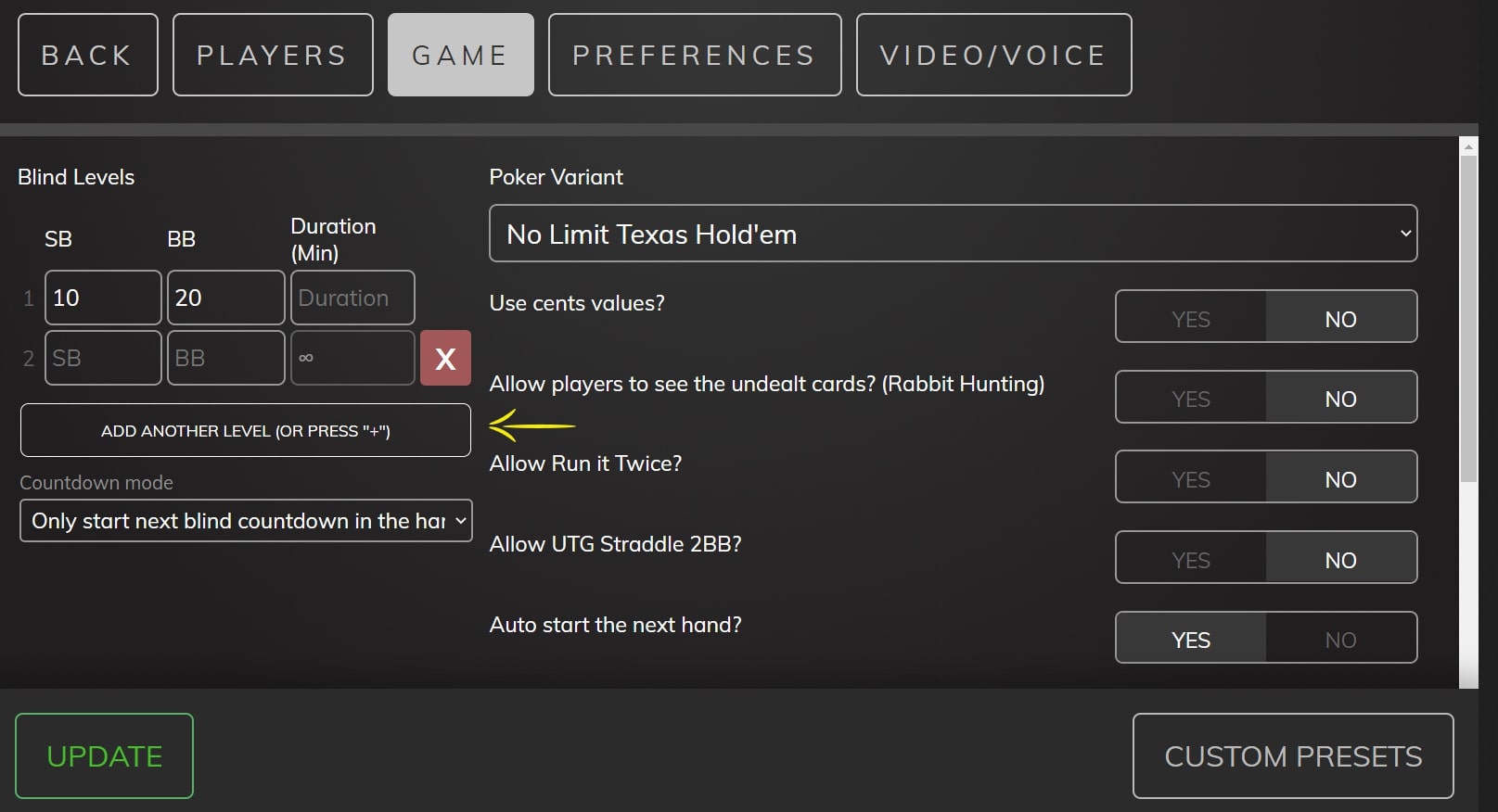 Poker Now settings page, indicating where to add more blind levels