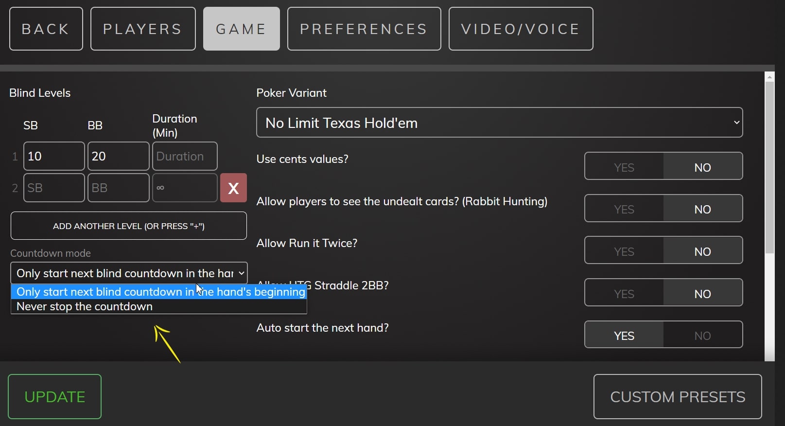 Poker Now settings page, indicating which field to choose when you want the blinds to change